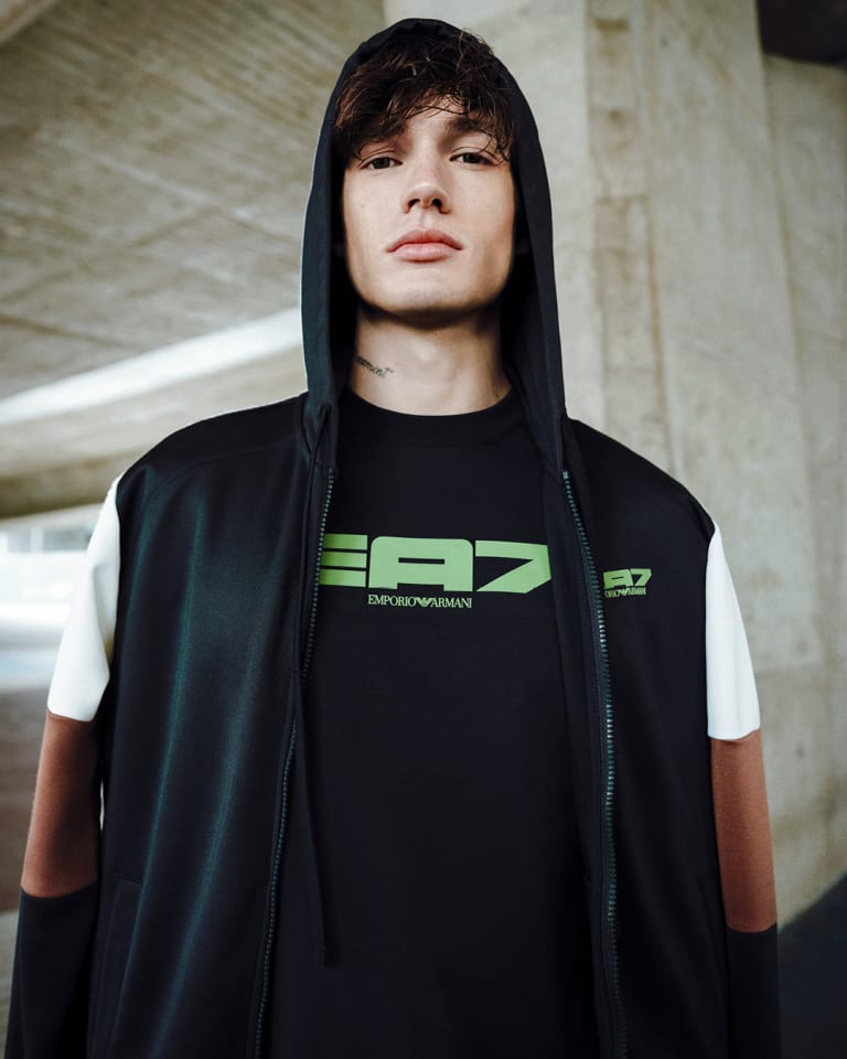 Video showing different models working out in an underground car park wearing technical apparel from the EA7 Autumn/Winter 2024 collection 